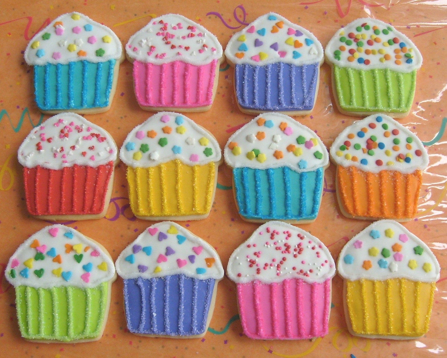 Rainbow Sparkle Cupcakes - Cupcake Decorated Cookies - Cupcake Cookies - Birthday Decorated Cookies 1 Dozen