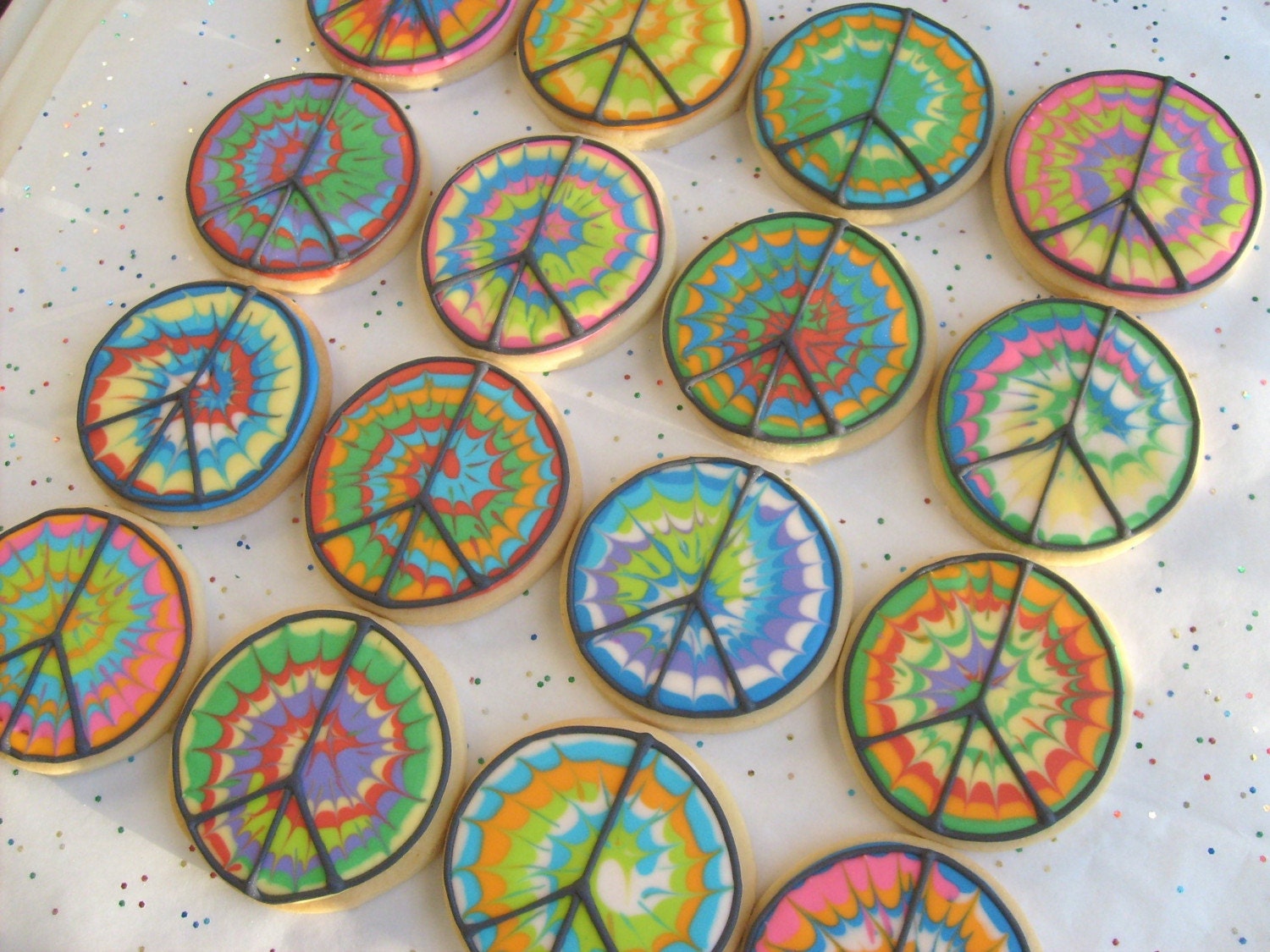 TYE DYE Peace Sign COOKIES - Tye Dye Decorated Cookies - Peace Sign Cookies - 1 Dozen