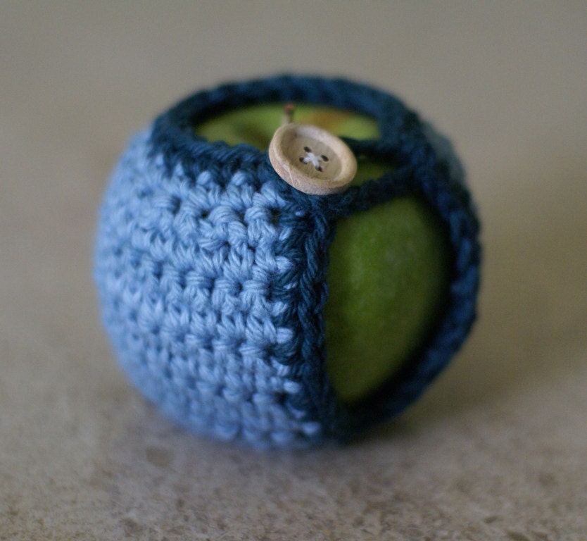 Handmade Crocheted Apple Cozy in Sky blue and Blue