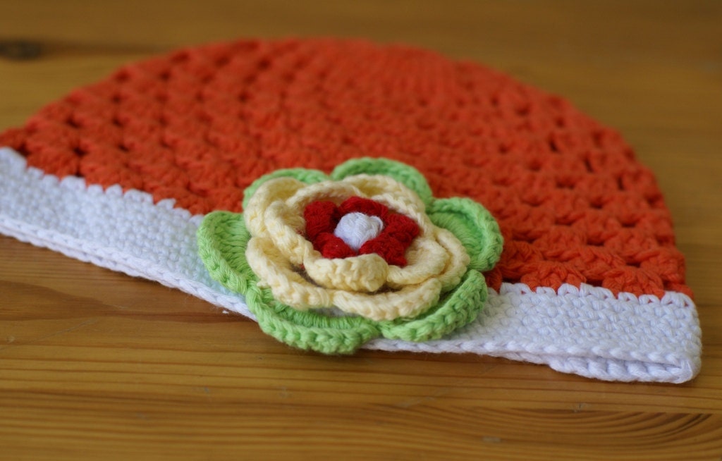 Newborn 0-3 Months orange handmade crochet baby hat with flower