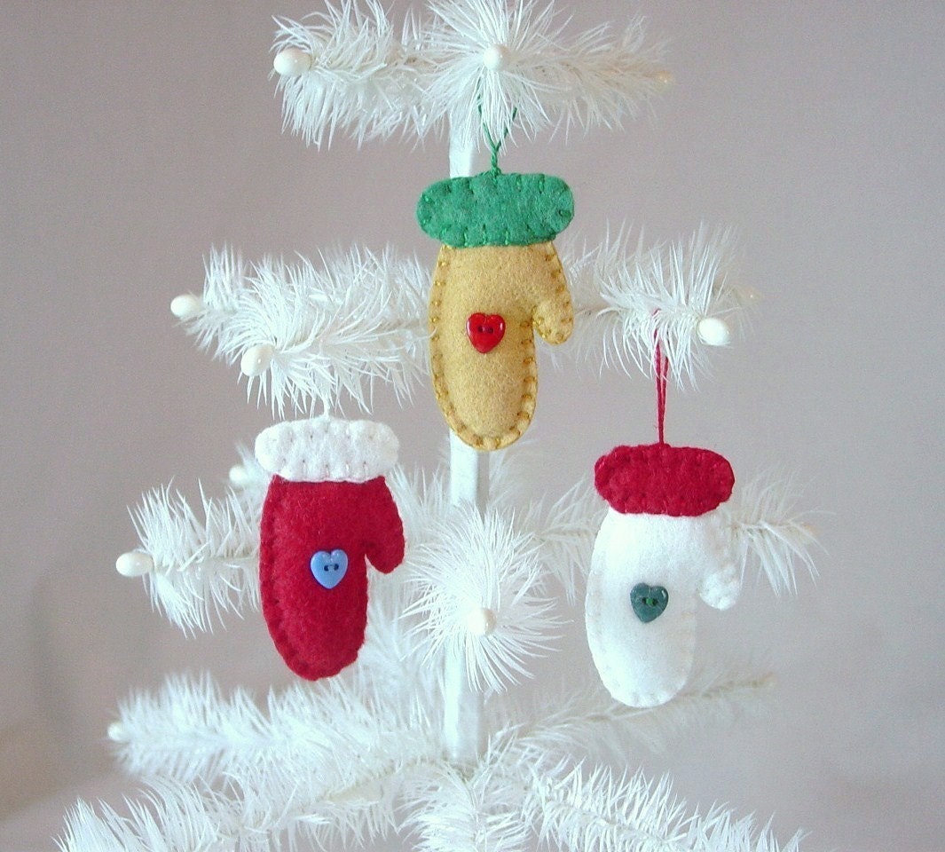 Hand Sewn Penny Rug Style Mitten Ornaments for Christmas- Set of 3