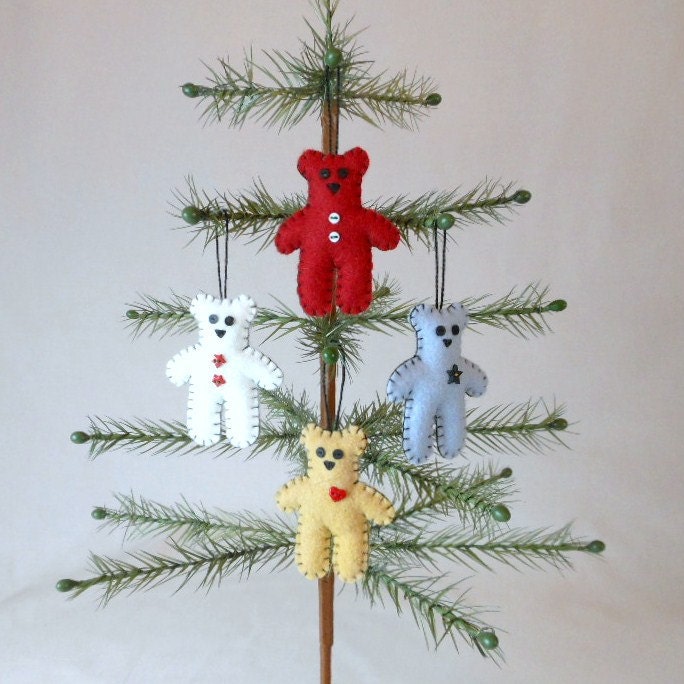 4 Tiny Teddy Bear Wool Felt Christmas Ornaments - 2 1/2"