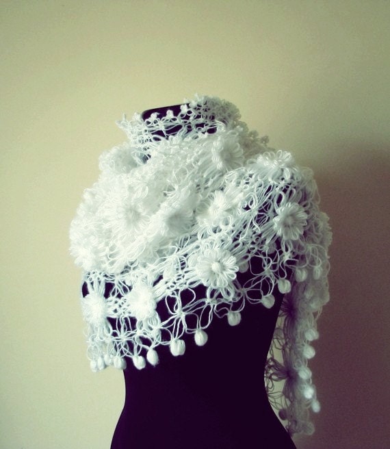 White Flowered Mohair Triangle Shawl