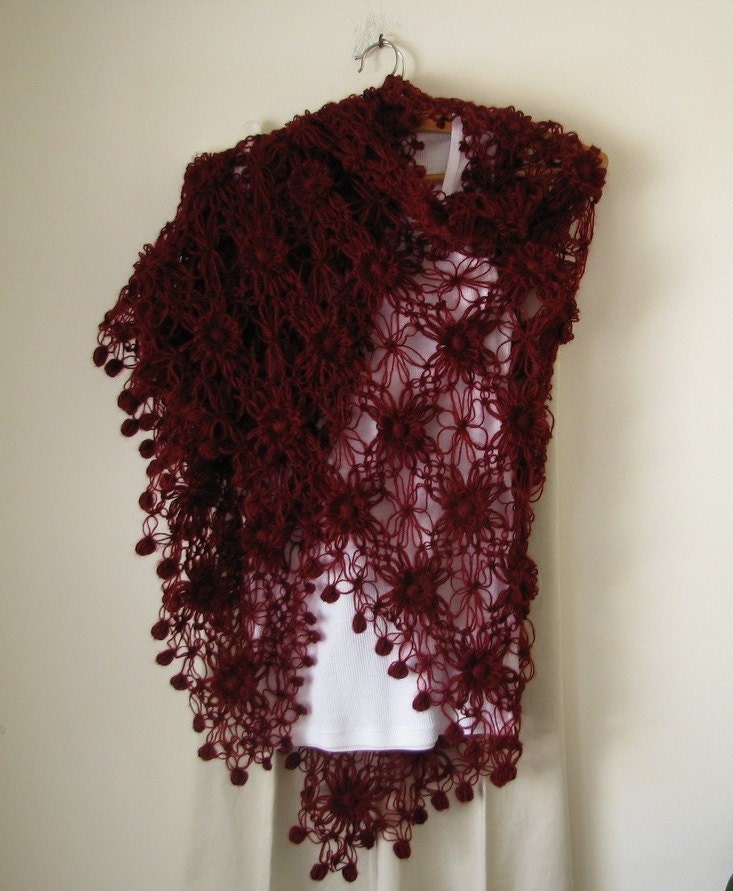 Burgundy Flowered Triangle Mohair Shawl