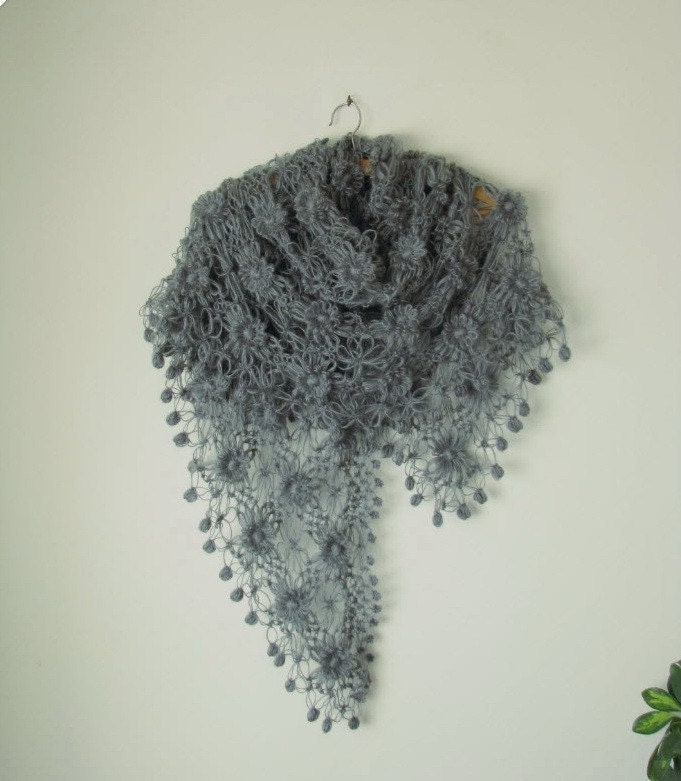 Gray Flowered Mohair Triangle Shawl