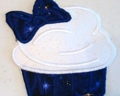 Pretty Cupcake with dark purple bow and glitter  Applique embroidered patch , sew or iron on your choice