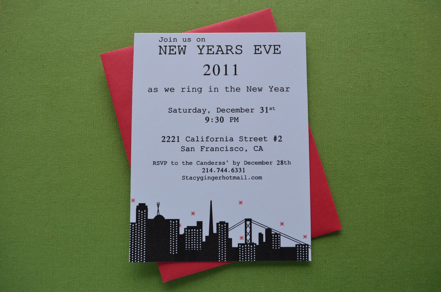 Custom SF Skyline New Years Eve Party Invitations - Set of 20