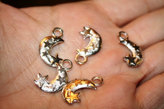 Moon and Stars Charms, Crescent Moon, Planets, Starry Night, Celestial, Bright Silver Pewter, 10 Pieces