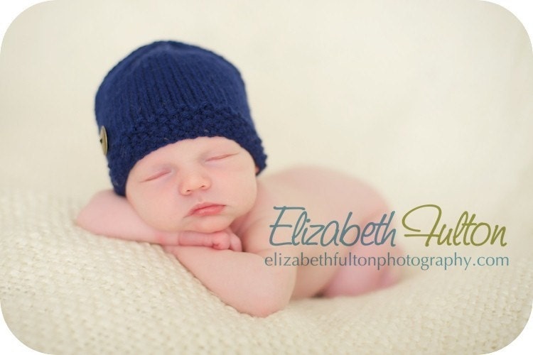 Cute as a Button hat for baby - hand knit - Navy blue with metal button - photo shoot prop - newborn and other sizes