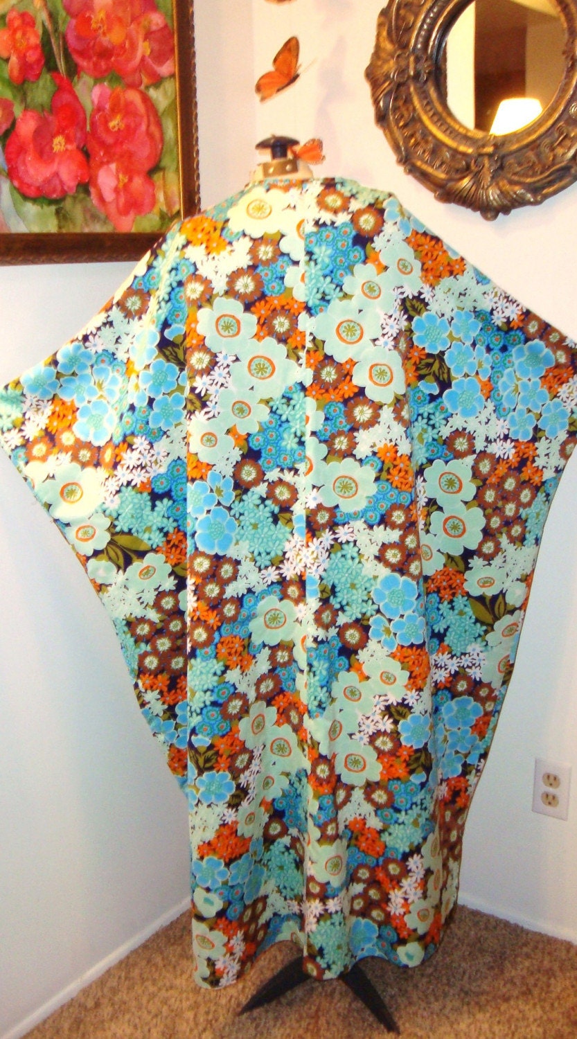 MOD HIPPIE CHIC  ZIP UP VTG 70s BATWING TENT CAFTAN MAXI DRESS one of a kind