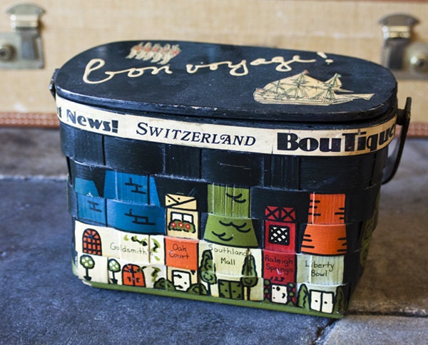 vintage, box, purse, bon, voyage, wooden, hand, painted, woven, quilt, colorful, folk, art, world, travel, switzerland, goldsmith
