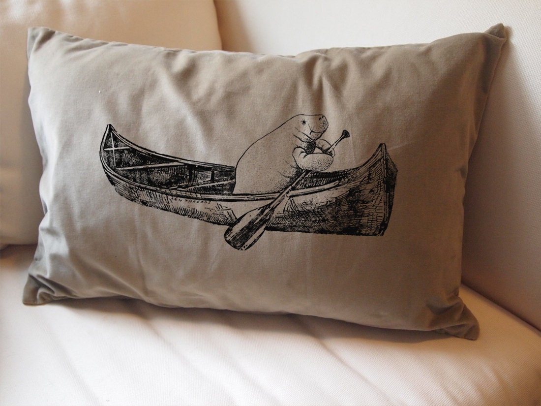 MANATEE in a Canoe - Large Eco Throw Pillow Cover Sham 16x24 - Tan Cotton Velvet - ZenThreads MANATEE in a Canoe - Large Eco Throw Pillow Cover Sham 16x24 - Tan Cotton Velvet - ZenThreads