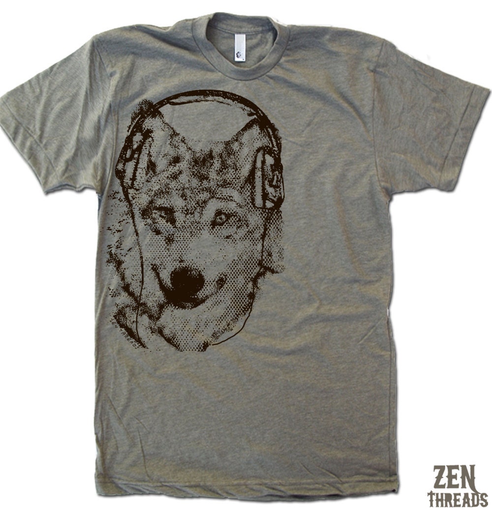 Men's WOLF (in Headphones) t shirt american apparel S M L XL (17 Color Options)