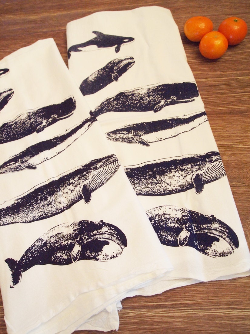 Set of 2 WHALES Kitchen Bar Flour Sack Towels - Renewable Natural Cotton