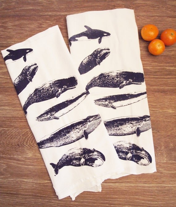 Set of 2 Kitchen Towels - WHALES Flour Sack Bar Towels - Renewable Natural Cotton