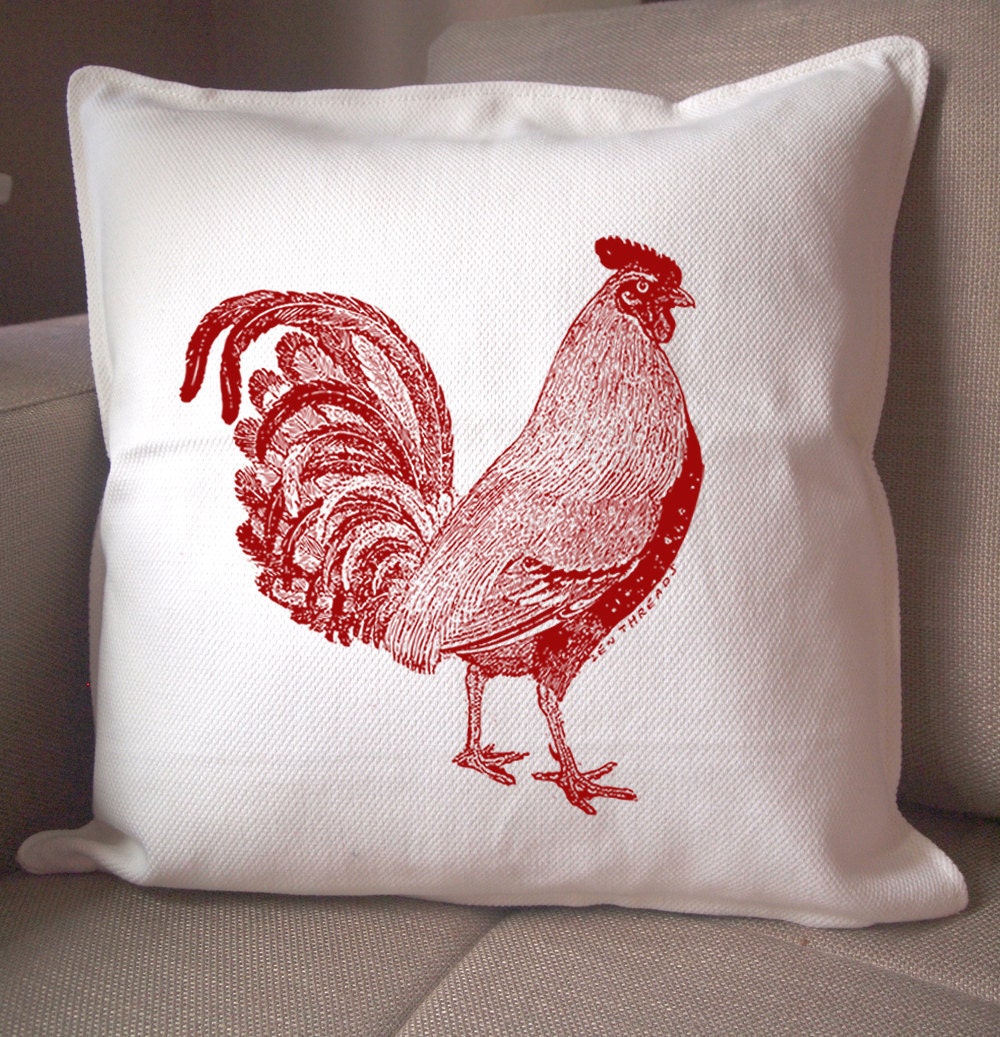 Urban ROOSTER Large Eco Throw Pillow Cover - 20x20 White & Red