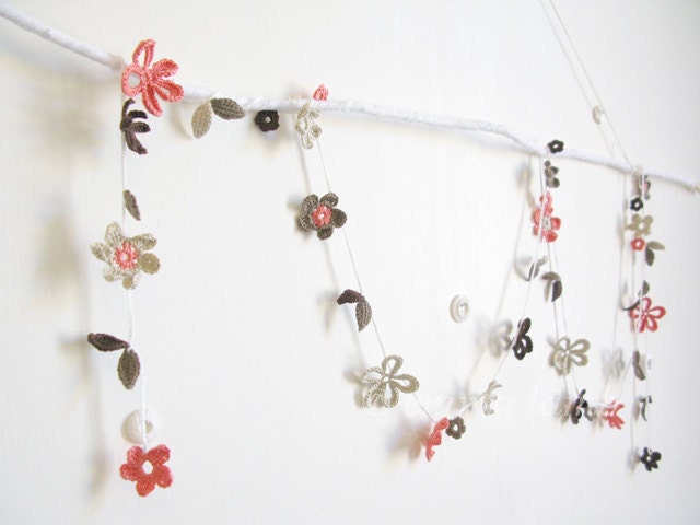 crochet flower garland... Pearl - coral pink, cocoa, taupe and pale grey blossom - MADE TO ORDER