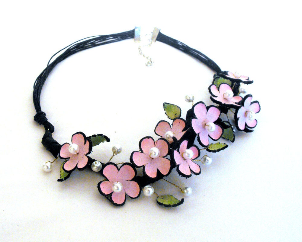 Flowers statement leather necklace sakura blossom