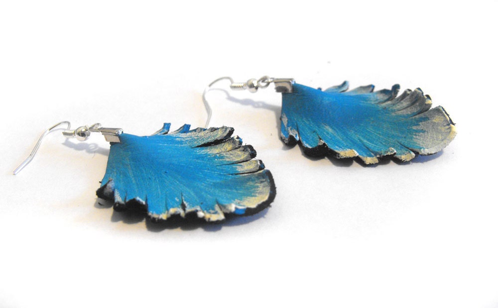 Leather feather earrings Feather earrings Leather earrings Blue color