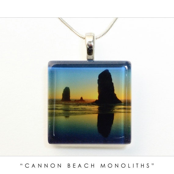 Beach Jewelry - Oregon Coast Ocean Necklace - Blue Yellow Sunset Art Pendant - Glass Tile Photo Pendant - "Cannon Beach Monoliths"