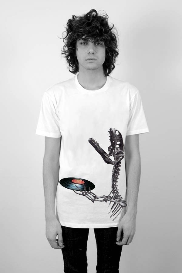 Vinyl Preservation, Record Holding Dinosaur Music Men's Perfect Fit T Shirt T- Shirt Ringspun Super Soft Fitted Tee Shirt White Retro