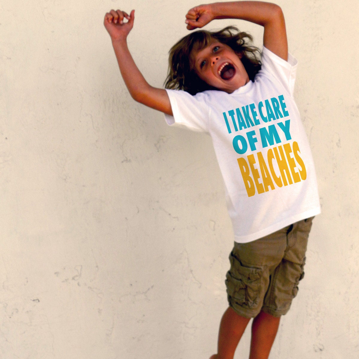 I Take Care Of My Beaches, Surf Tee In Infant, Toddler and Youth Sized Shirts, White Blue Gold Yellow