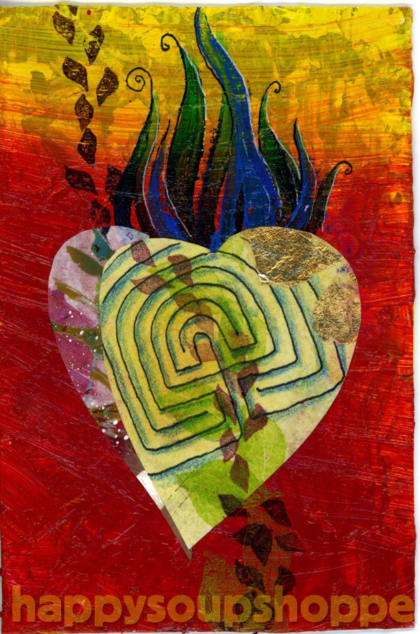 Sacred Heart Painting 4x6 Handmade Art Labyrinth Red