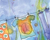 Peace Love Laundry Summer Day Watercolor Art Greeting Card A2 Blank