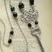 UNLOCKED - Antique Skeleton Key Necklace. Vintage Silver Key with Sparkling Glass Crystal Beaded Chain in Black. Gothic Steampunk Necklace.
