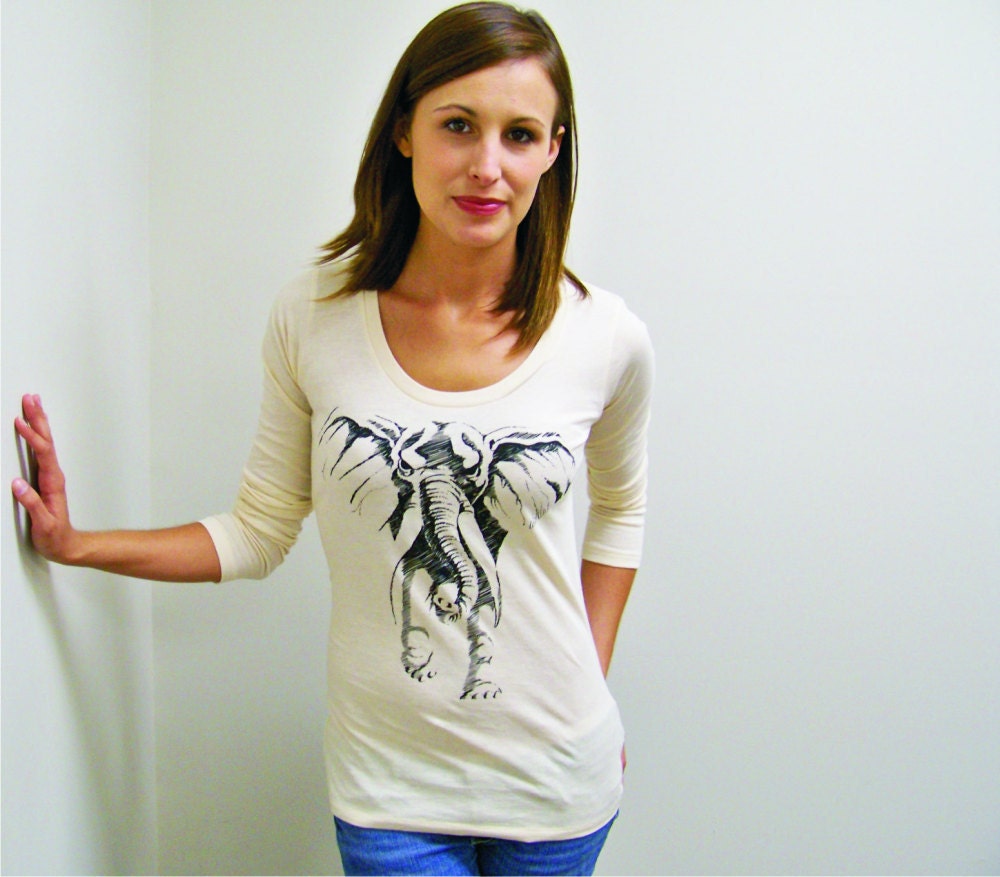 Womens tshirt - Elephant on Organic Alternative Apparel Long Sleeve Scoop Neck tee Mothers Day
