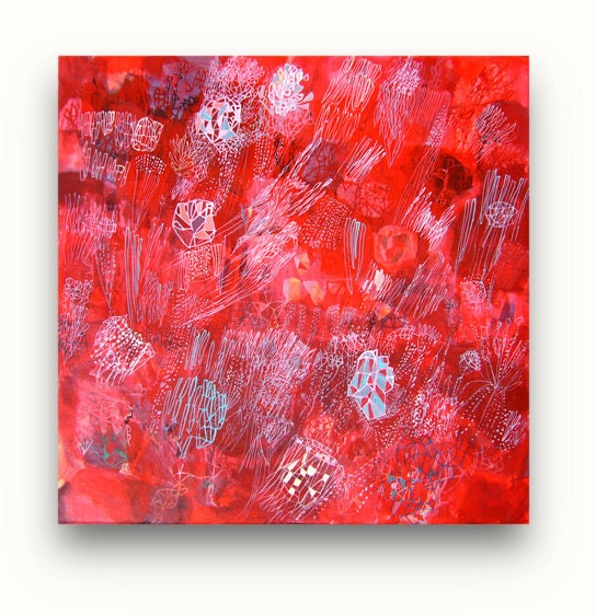 Red Nova Star - home and garden linear painting red painting abstract painting Lotus art original design