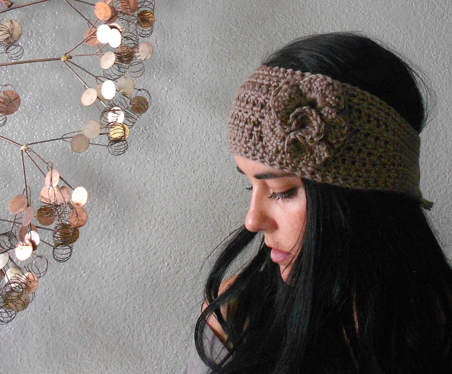 crochet flower headband w/ button closure . by saltcitydesign