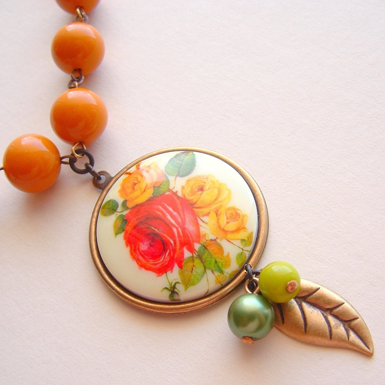 Rose Cameo Necklace Vintage Floral Cameo Cabochon Pendant Colorful Tangerine Orange