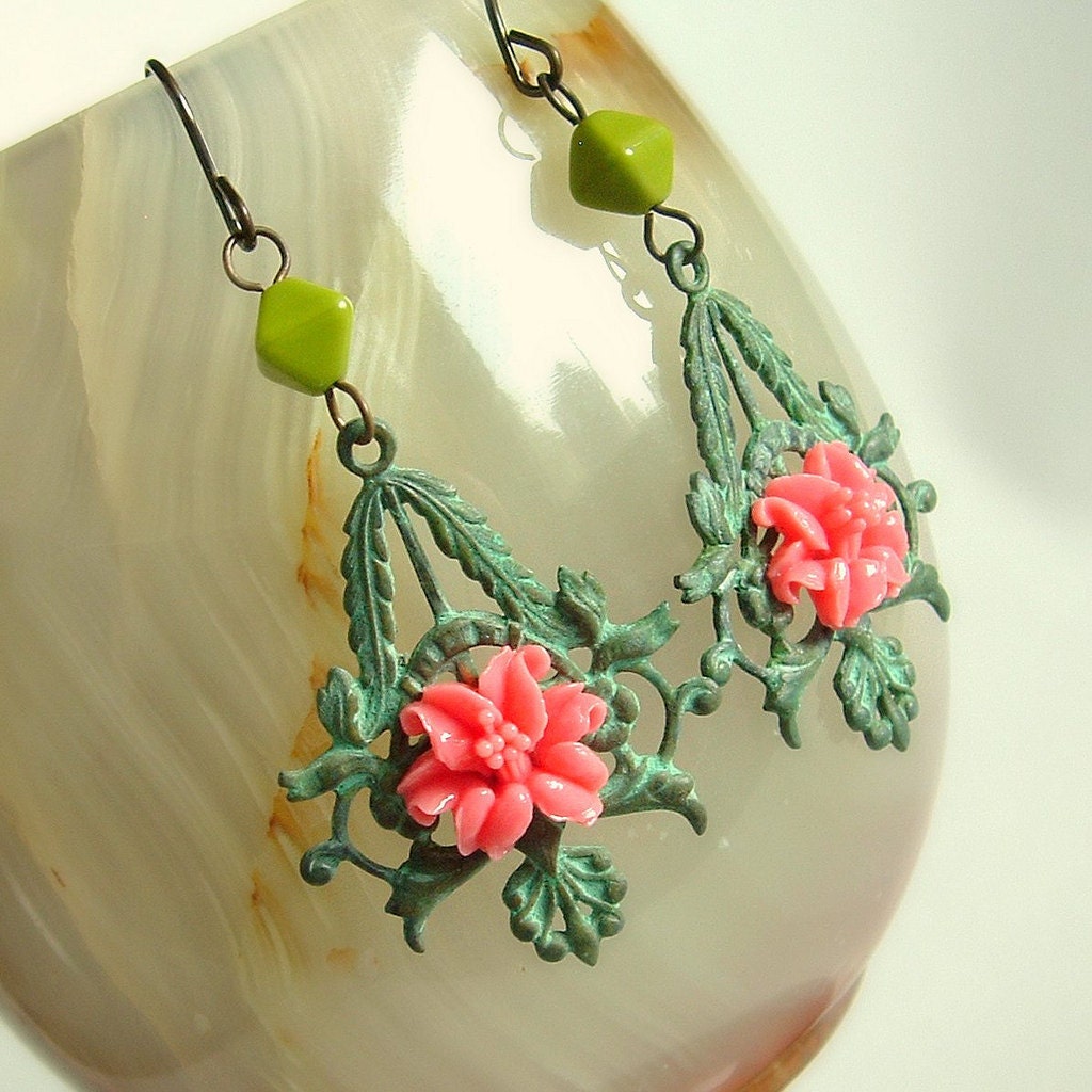 Aqua Coral Sweet Pink Lily Verdigris Brass Earrings Vintage Patina Filigree