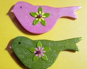 Two Shabby Chic Glittered Bird Magnets with Vintage Swarovski Crystals -- Made to Order