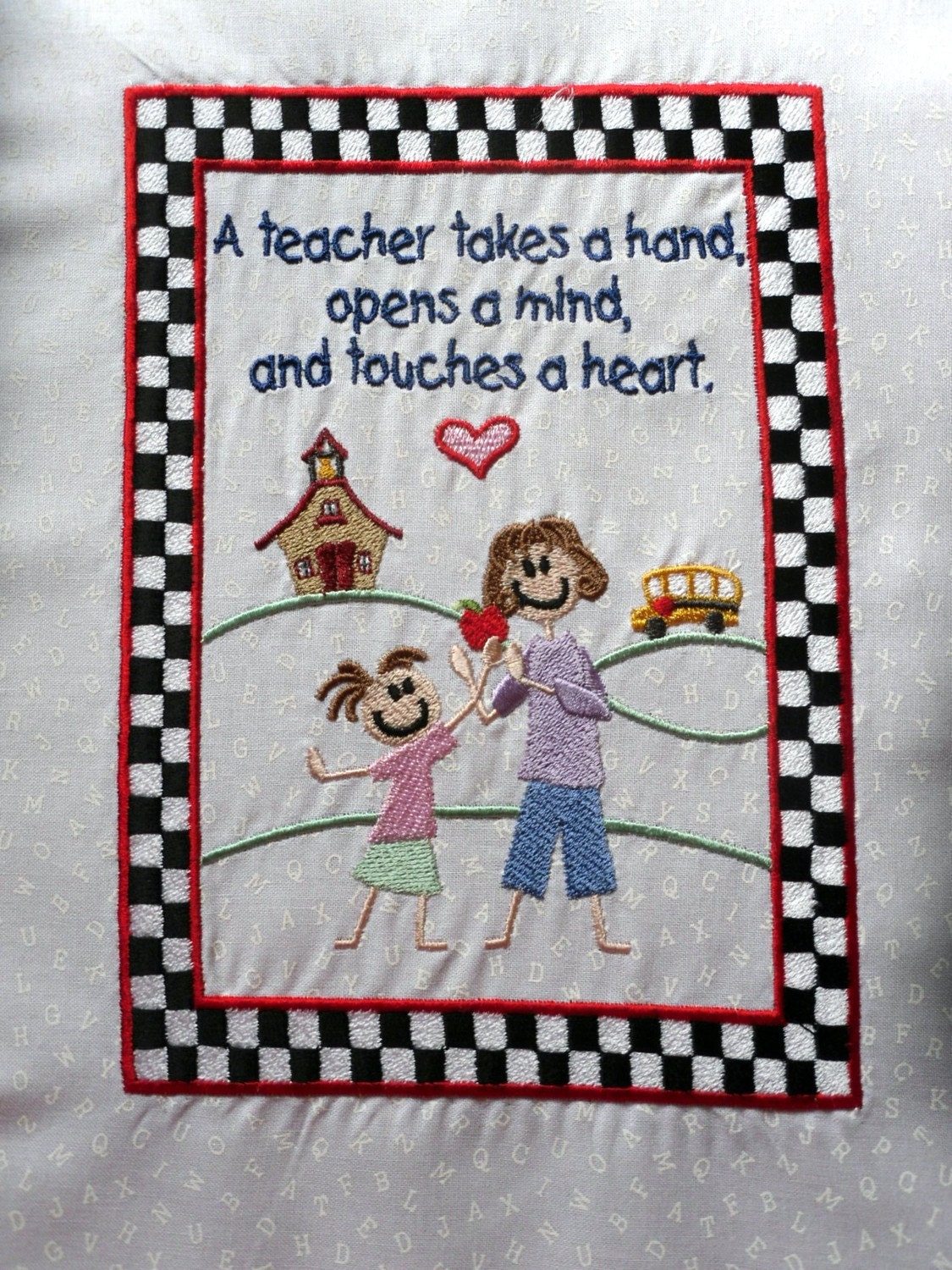 Teacher - from girl - embroidered quilt block - ready to sew or frame 13 x 9 1/4