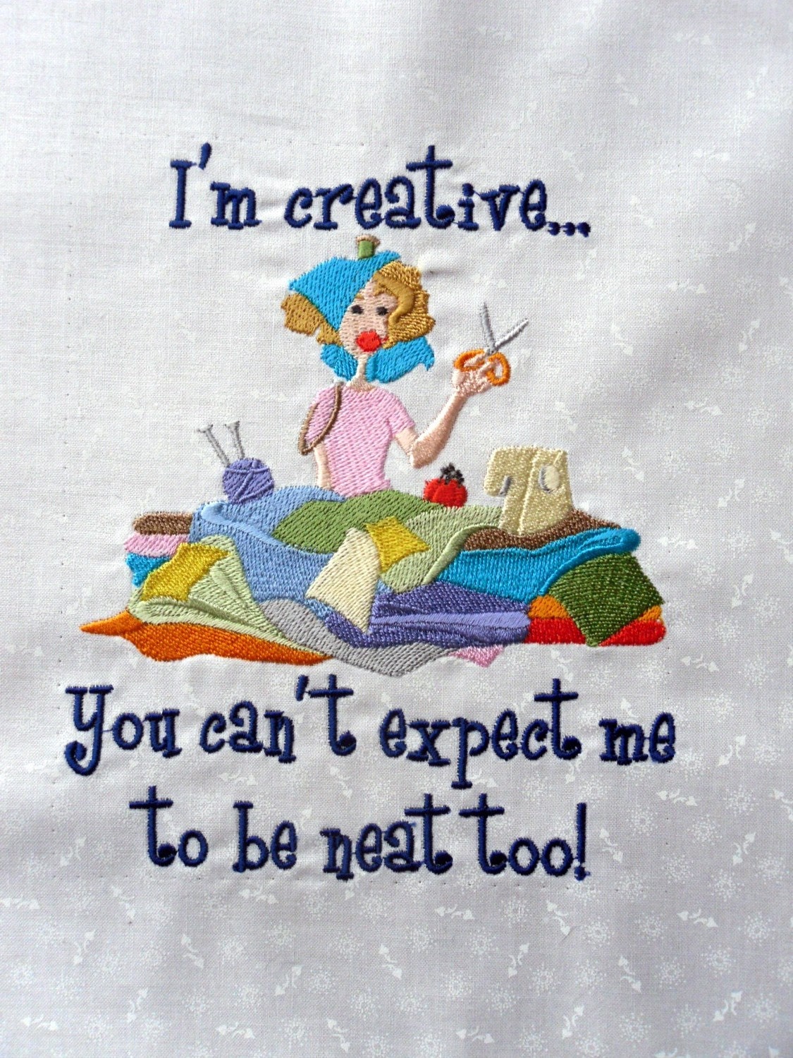 Embroidered quilt block - blonde creative lady - ready to sew or frame  12 x 11 in.