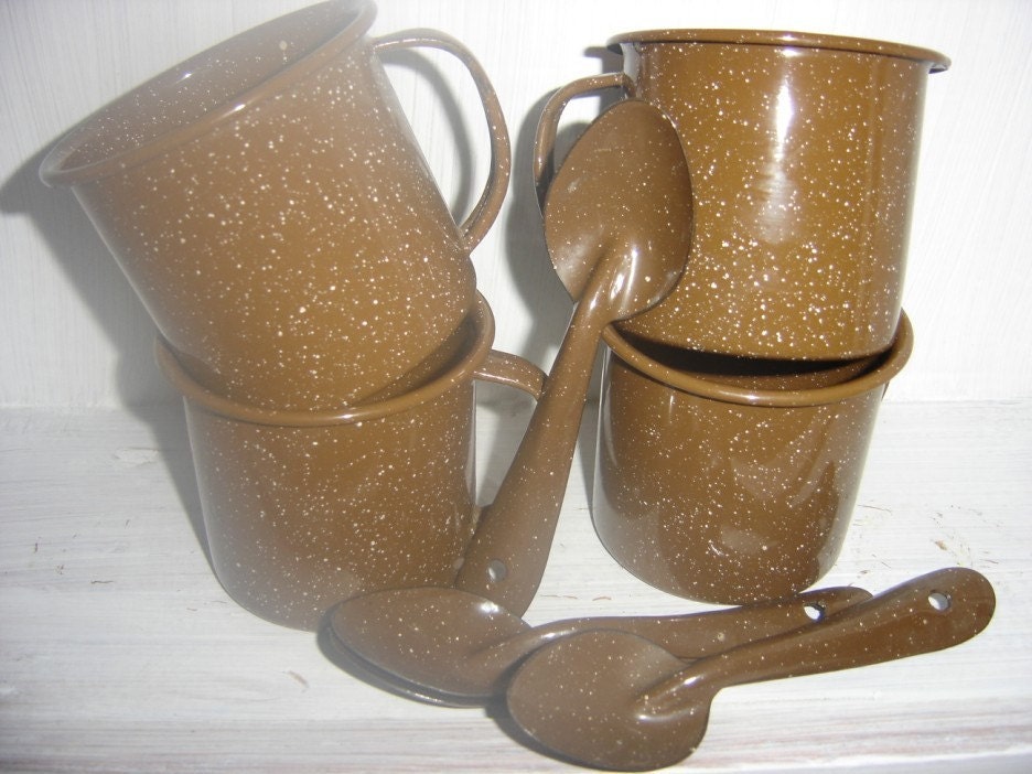 4 Brown Speckled Graniteware Enamelware Coffee Mugs by breccamerie