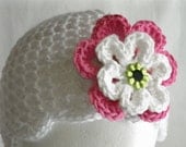 Lightweight Crochet Summer Hat White with Flowers Scalloped Edge Infant to Adult Sizes