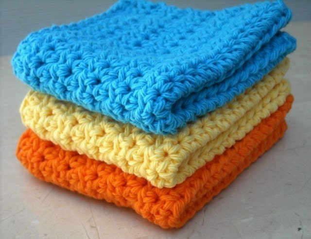 Kitchen Dishcloths Crochet Cotton Bright Orange, Blue, Yellow Set of 3