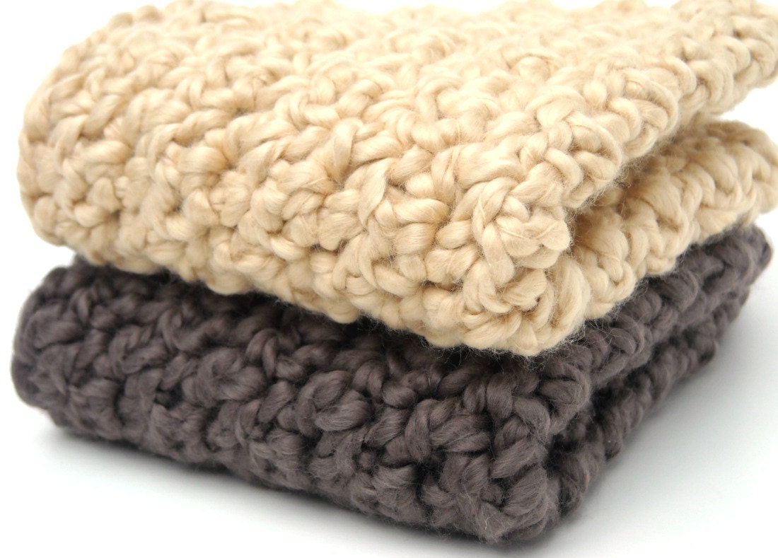 Washcloths Organic Cotton Eco-friendly Handmade Crochet Chocolate Brown and Almond Set of 2 Perfect for Babies too