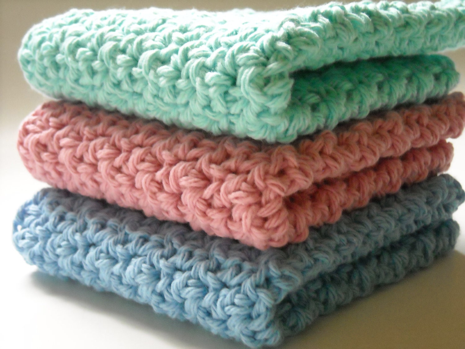 Crochet Washcloths Cotton Dishcloths Aqua Turquoise Blue Rose Pink Handmade Set of 3