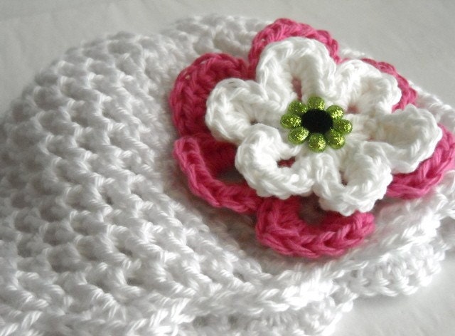 Lightweight Crochet Summer Hat White with Flowers Scalloped Edge Infant to Adult Sizes