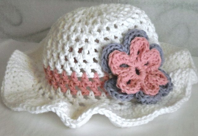 Crochet Floppy Brim Hat in White with Flowers Baby, Toddler, Teen, Adult