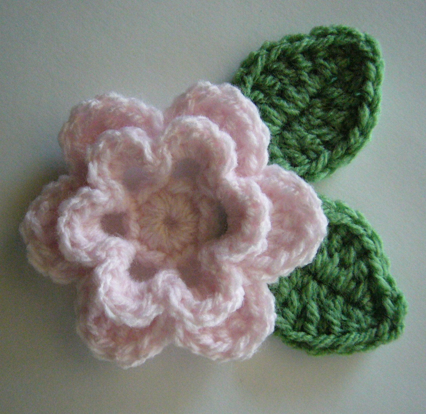 Crocheted Flower with Leaves - Light Pink and Sage Green