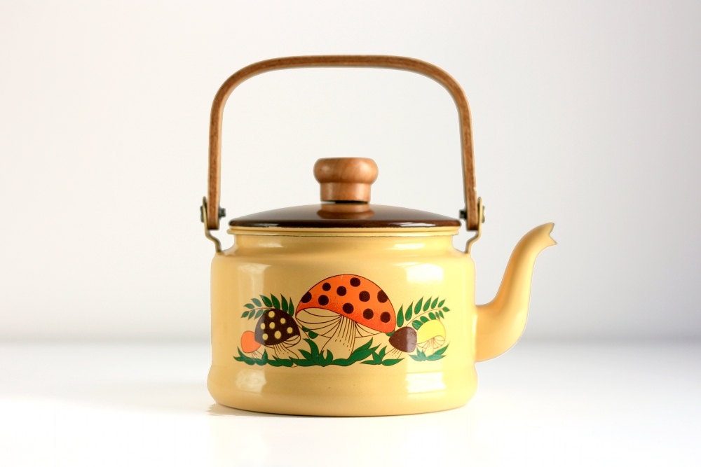 Vintage Merry Mushrooms Enamel Tea Kettle