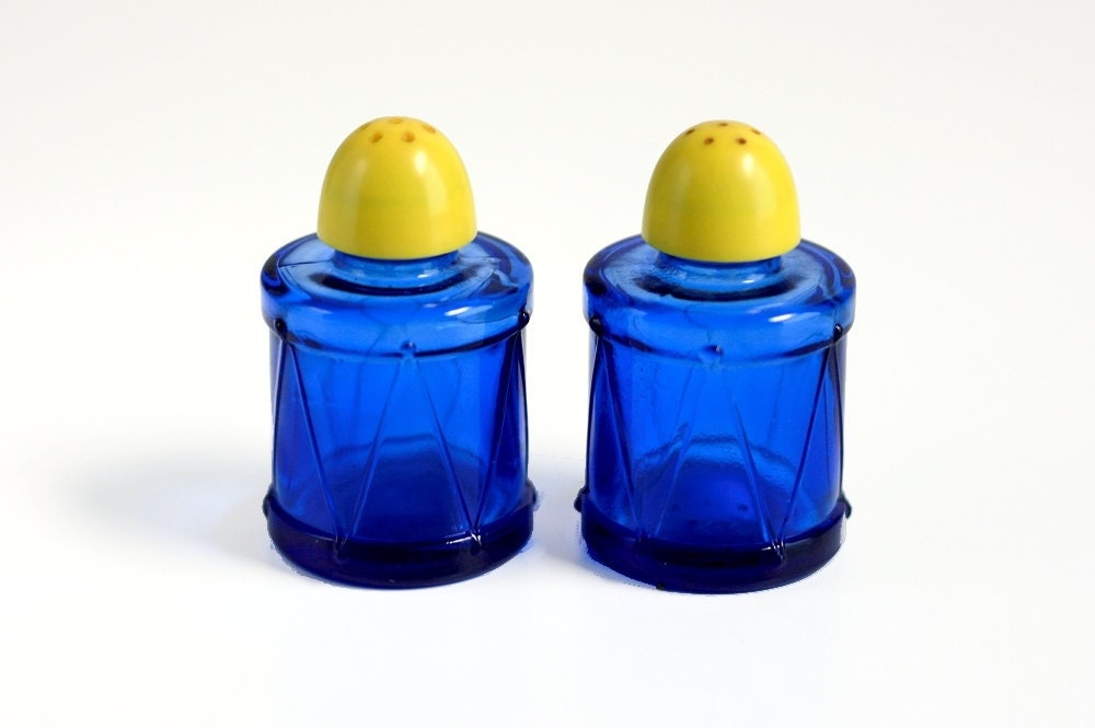 Vintage Cobalt and Yellow Salt and Pepper Shakers