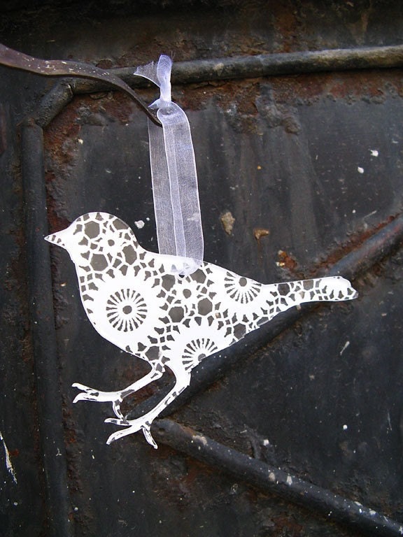 Acrylic plexiglas crochet lace print silhouette ornament bird, deer, bambi, rabbit or snowflake