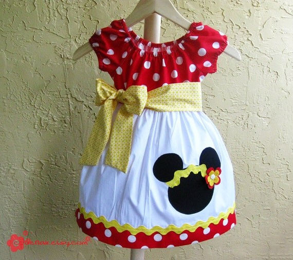 Boutique Style Minnie Dress Red Polkadots, White and Yellow with Applique