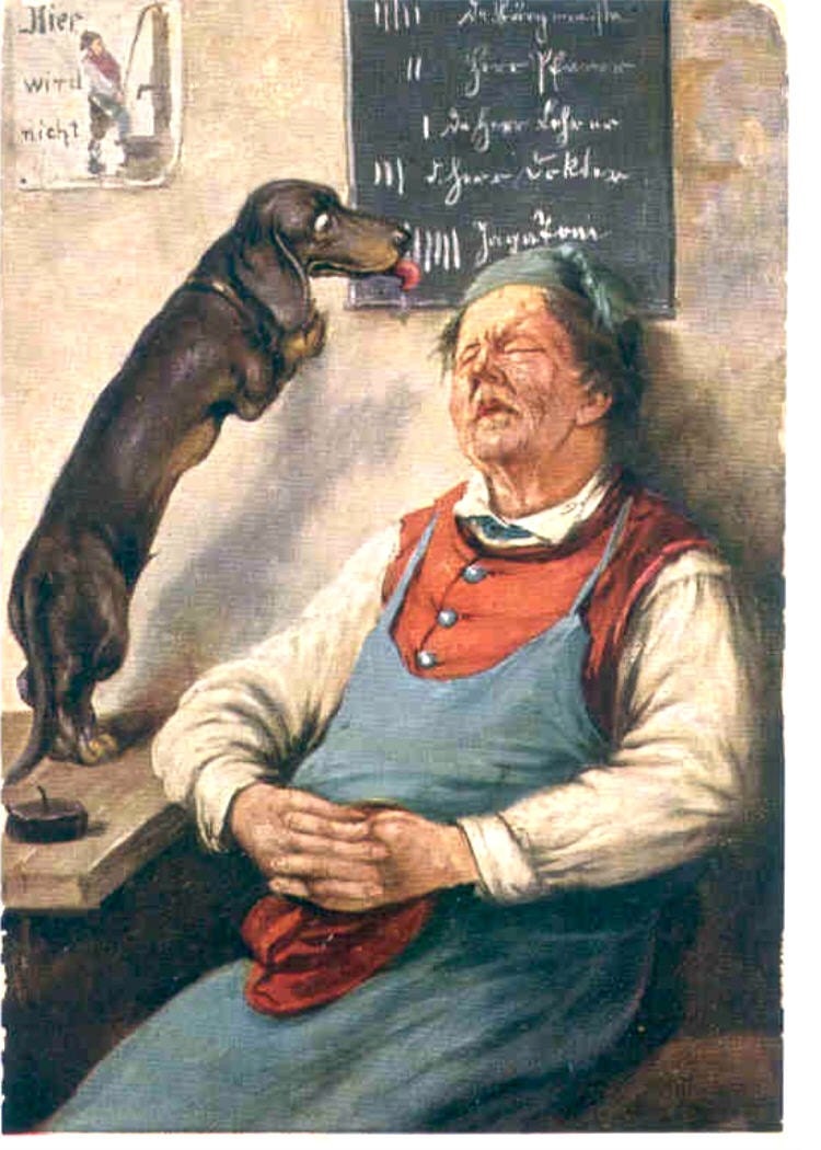 Dachshund Licks The Menu Board While Shopkeeper Sleeps Cards